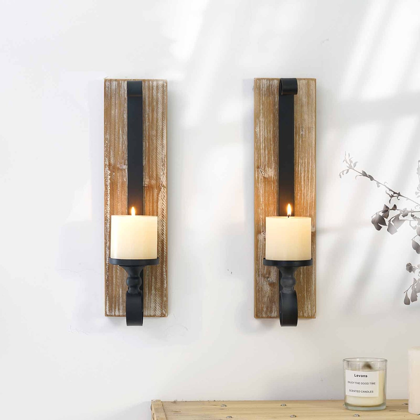 Wall Sconce Candle Holder (Set of 2) Black Wall-Mount Metal and Wooden Candle Holders for Living Room, Bathroom, Dining Room