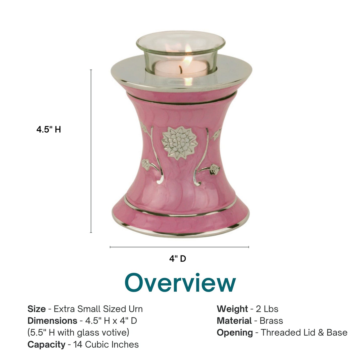 Grace Dark Pink Tealight Cremation Urn for Ashes, Brass Memorial Candle, Pink Urn, Extra Small Sized, 5.5 Inches High