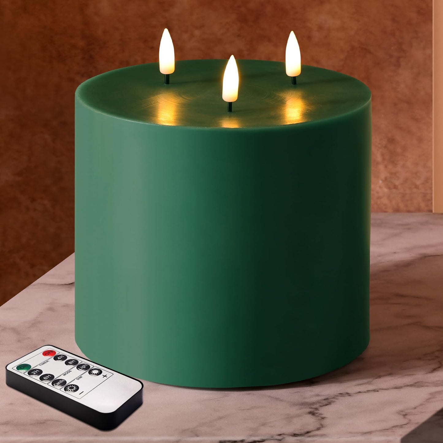 Girimax Green 3 Wick Flameless Candle with Remote, 6x6 inch Large LED Pillar Candle Battery Operated Real Wax Flickering Home Shelf Table Decor