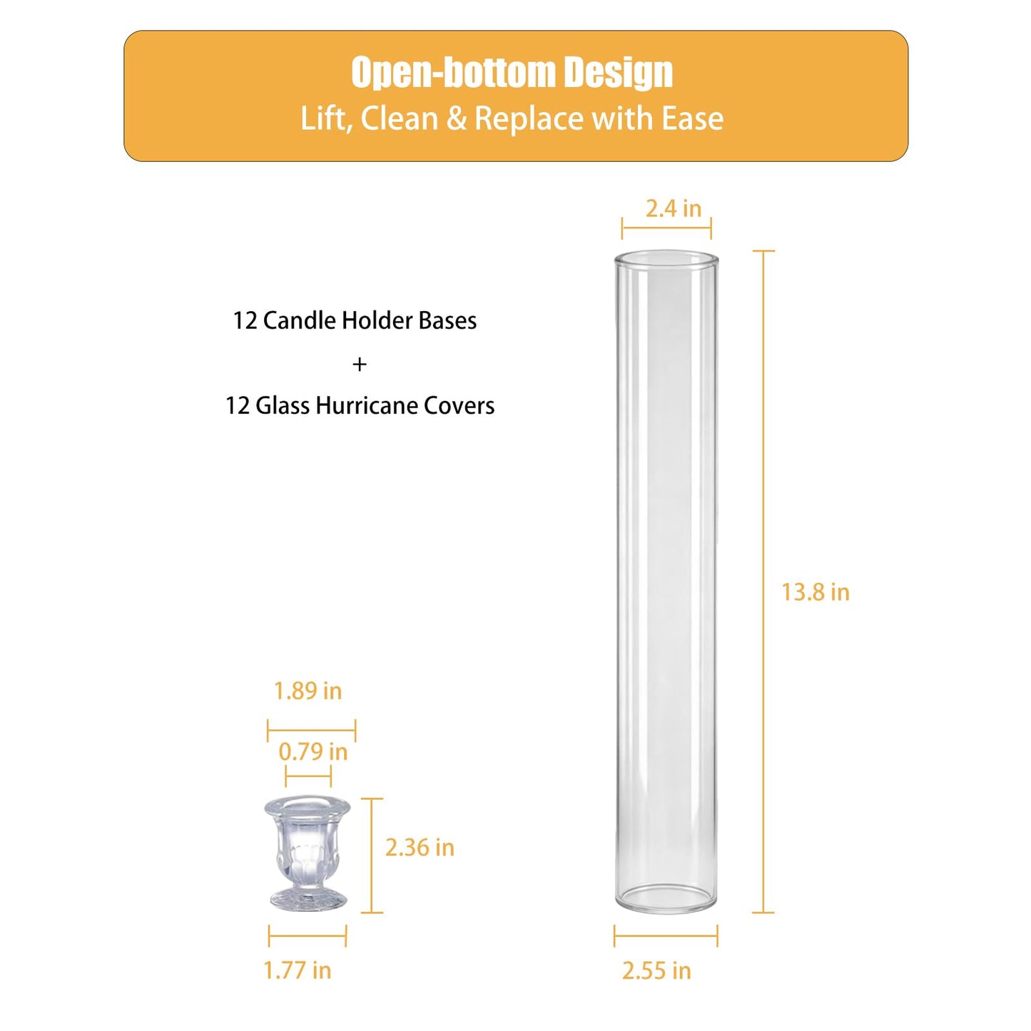 Glass Hurricane Candle Holders – 12 Clear Cylinder Covers & 12 Taper Candlestick Holders, 2.6" D x 13.8" H Windproof Candle Holders for Wedding, Patio Table, Outdoor Christmas Party Décor (12)