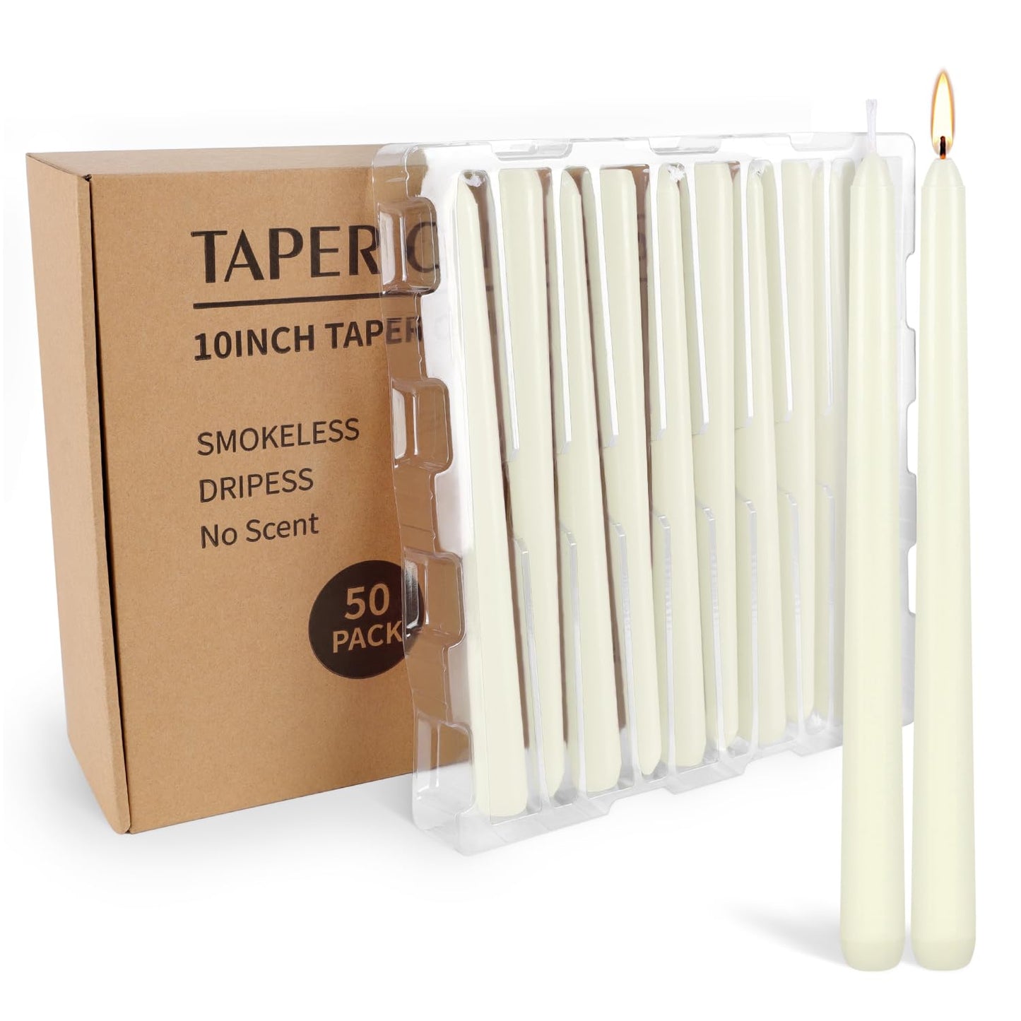 WPONSZU 50 Pack Ivory Taper Candles, 7-8 Hours Burn Time, Unscented, Smokeless and Dripless, 4/5 x 10 Inch for Christmas,Household,Dinner,Wedding,Valentine's Day,Party and Home Décor Candlesticks