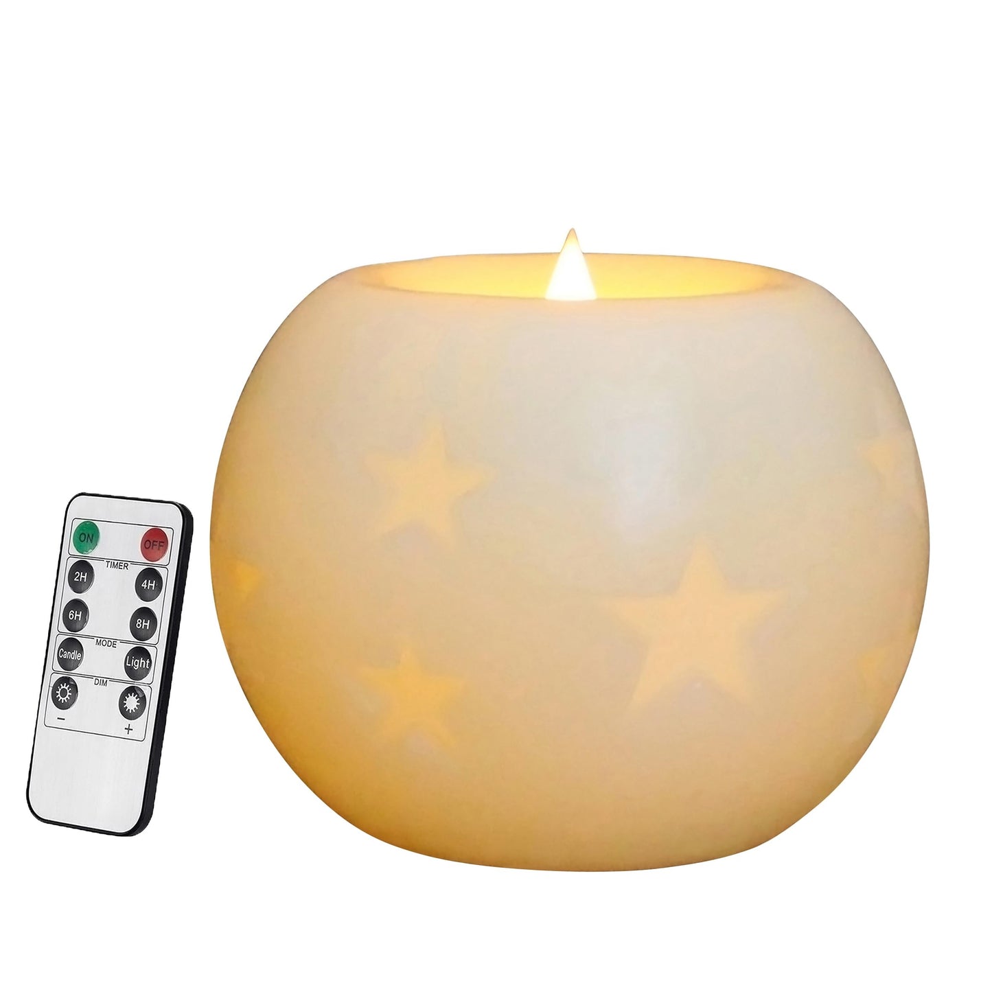 CVHOMEDECO. Moon Sphere Wax LED Dancing Flame Candle Ball Battery Operated Wax LED Flameless Candle with Timer and Remote Control (5" Dia. X 4" H)