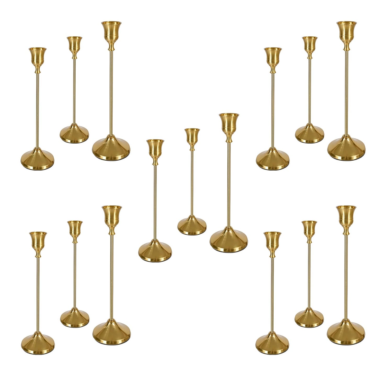 Pesonlook Brass Gold Candlestick Holders 15 PCS Metal Taper Candle Holders,Tall Metal Candlestick Holders for Table Centerpiece,Wedding,Party,Dinner Home Decoration