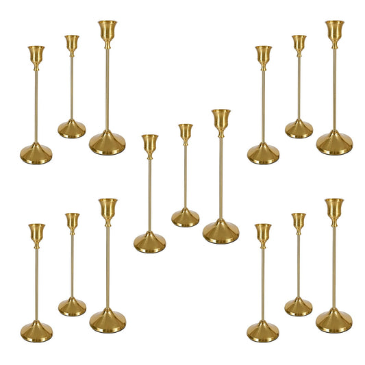 Pesonlook Brass Gold Candlestick Holders 15 PCS Metal Taper Candle Holders,Tall Metal Candlestick Holders for Table Centerpiece,Wedding,Party,Dinner Home Decoration