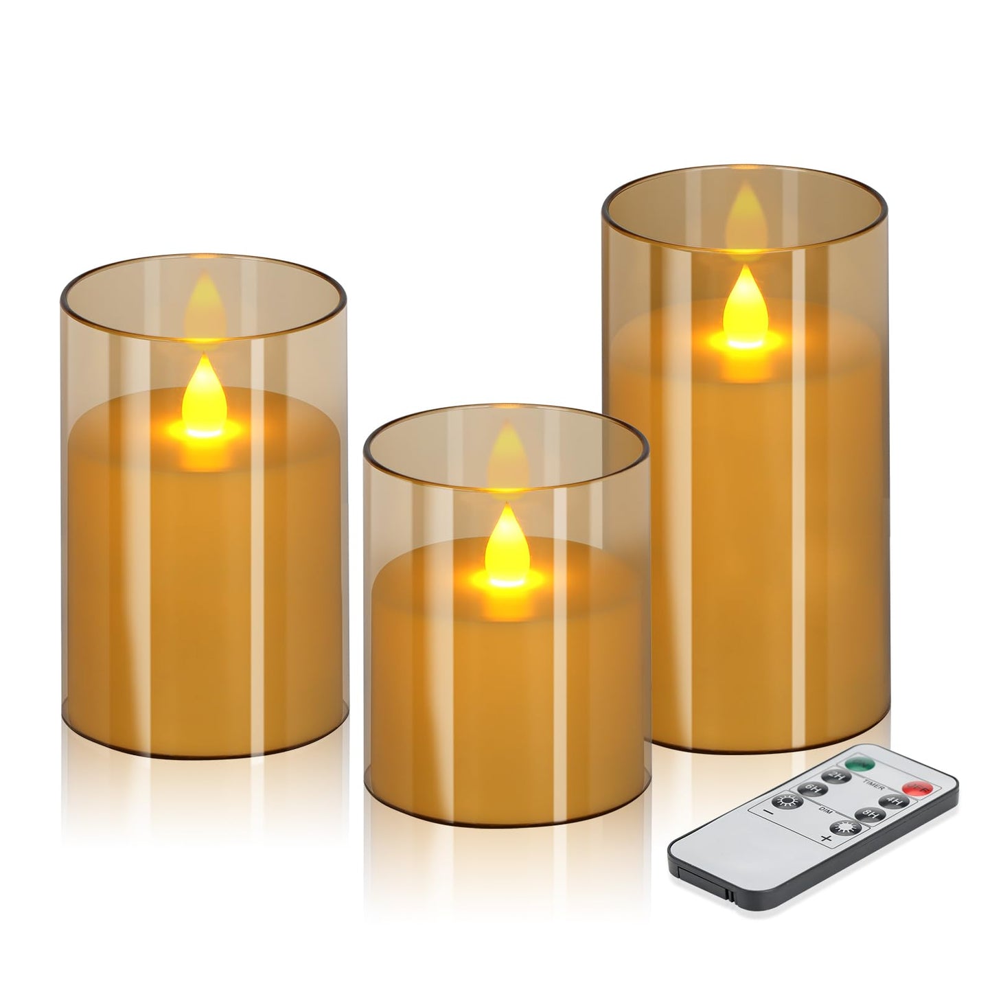 wemarry Flameless Candles 4" 5" 6" Acrylic Glass Pillars 3" Diameter Battery Operated Flickering Candles Include 8-Key Remote with Timer Function 400+ Hours (Amber, Warm Light 3 Pack)