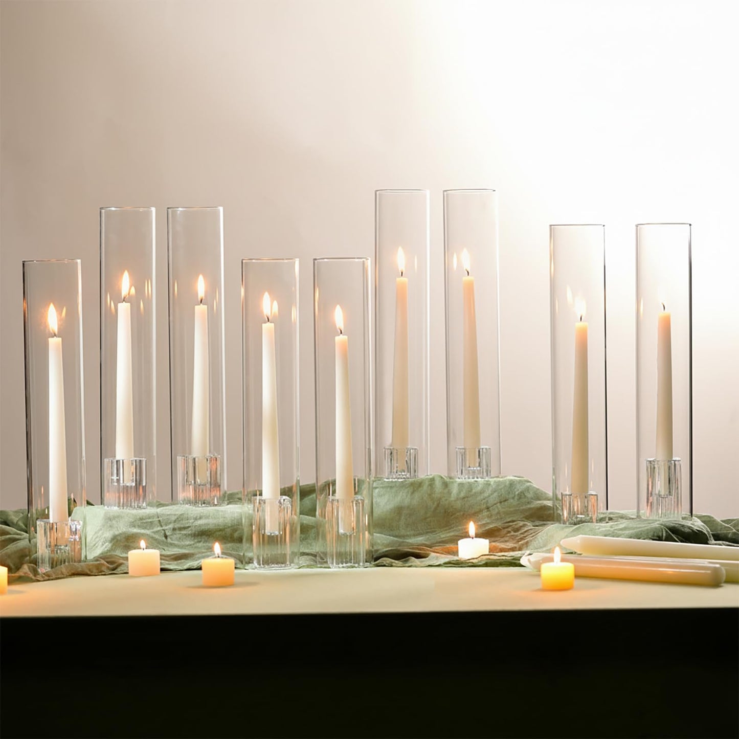 LETINE Hurricane Candle Holders with Ribbed Taper Candle Holders Set of 9(14") - Clear, Windproof & Elegant Candle Holder with Glass Cover for Wedding Centerpieces, Events & Home Decor