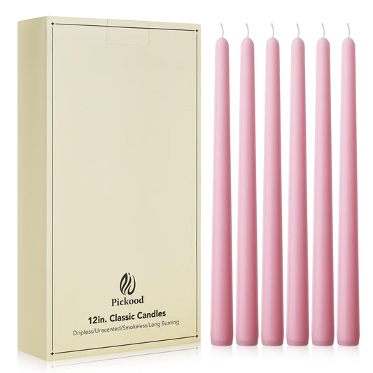 Pickood New Burning Formula Unscented Dripless 12-Inch Taper Candles Set of 12 - Pink, for Wedding, Dinner - Smokeless, Long Burning - Hand Poured, Colored Tall Candlesticks - Rosa
