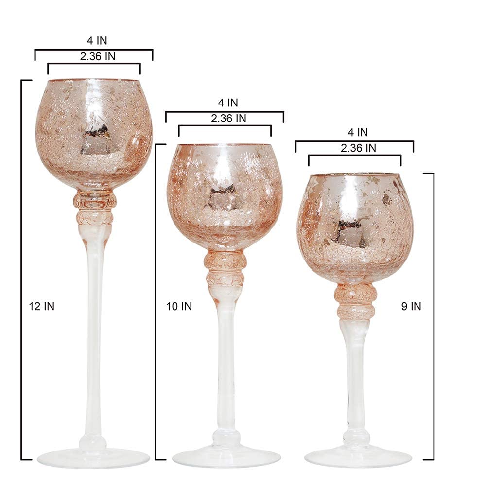 Hosley® Elevate Ambiance with Set of 3 Crackle Rose Gold Glass Tealight Holders 12 Inch, 10 Inch, 9 Inch Sophisticated Decor for Chic Candle Displays