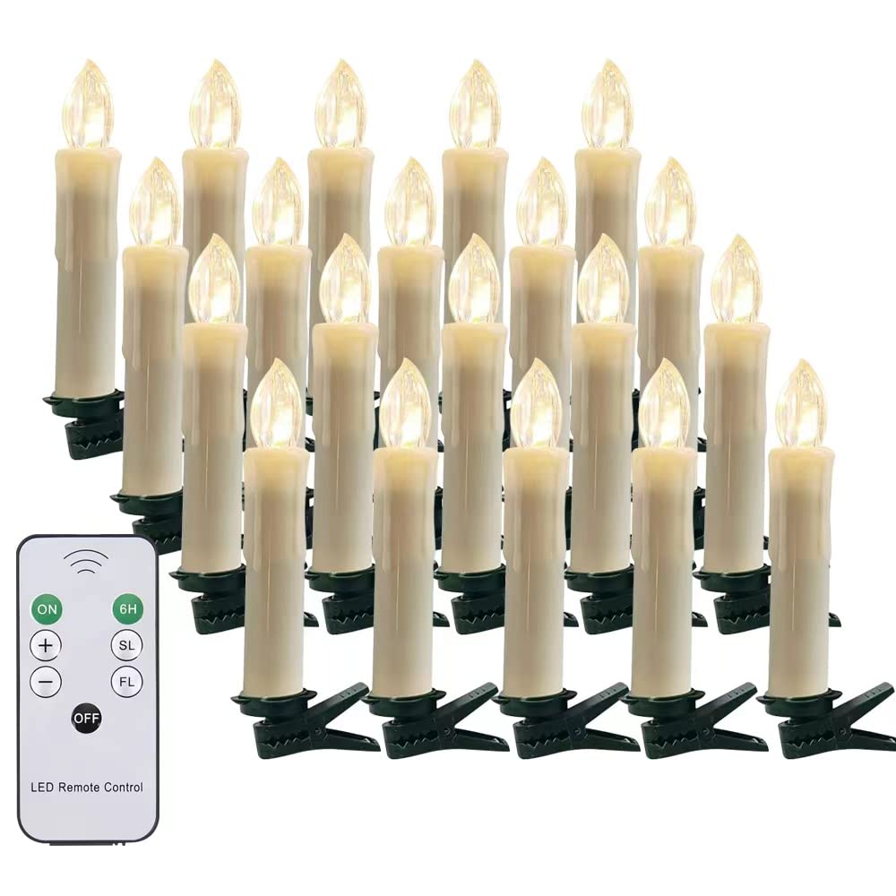 20 PCS Flameless LED Window Candles with Remote Controls and Timers, Christmas Tree Candle Lights, Battery Operated Taper Candles for Chandeliers Party Easter Decoration, Warm White Light with Clips