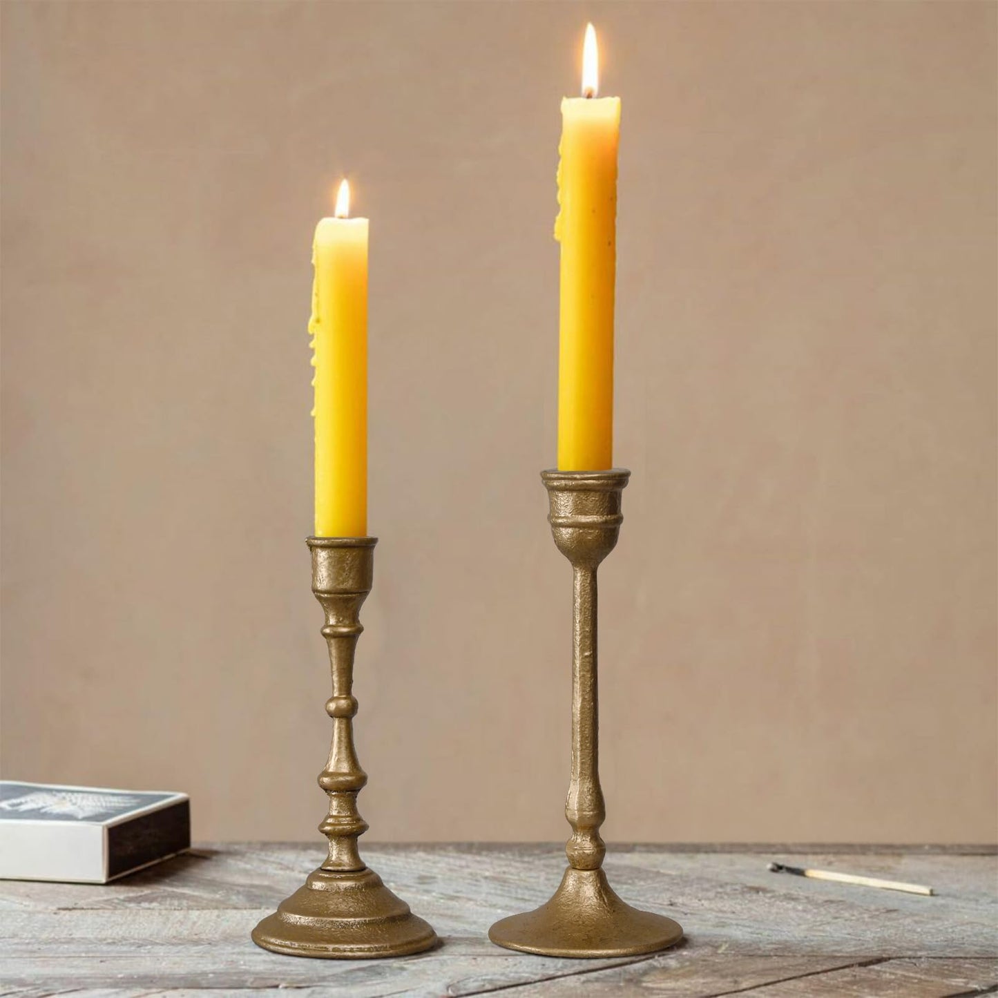 Iron Taper Candle Holder - Set of 2 Decorative Candle Stand - Candlestick Holder for Wedding, Dinning, Party - Antique Brass