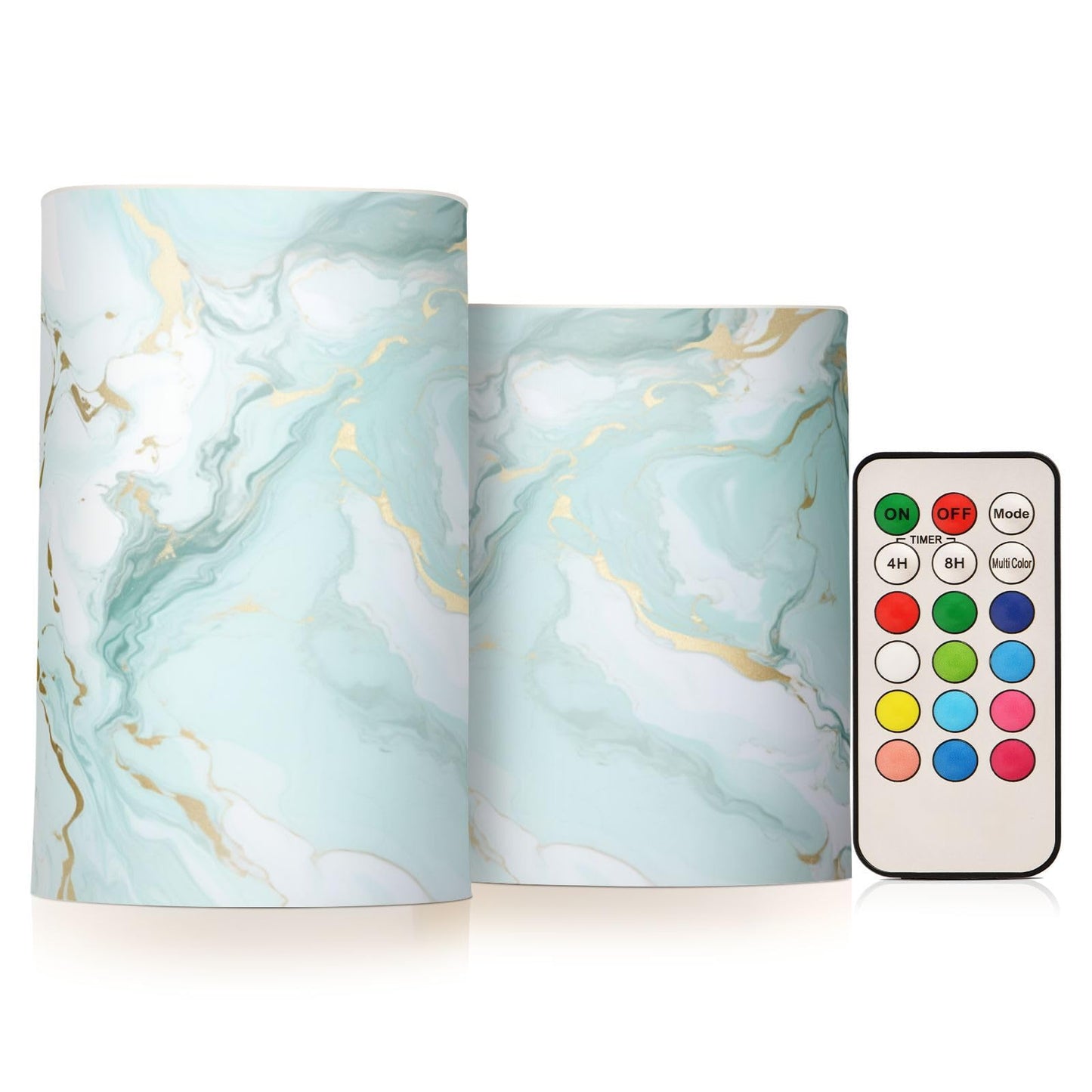 BOENLE Flickering Flameless Candles, Teal Marble Design LED Candles with Remote Timer, Set of 2 Battery Operated Candle for Valentine Wedding Birthday