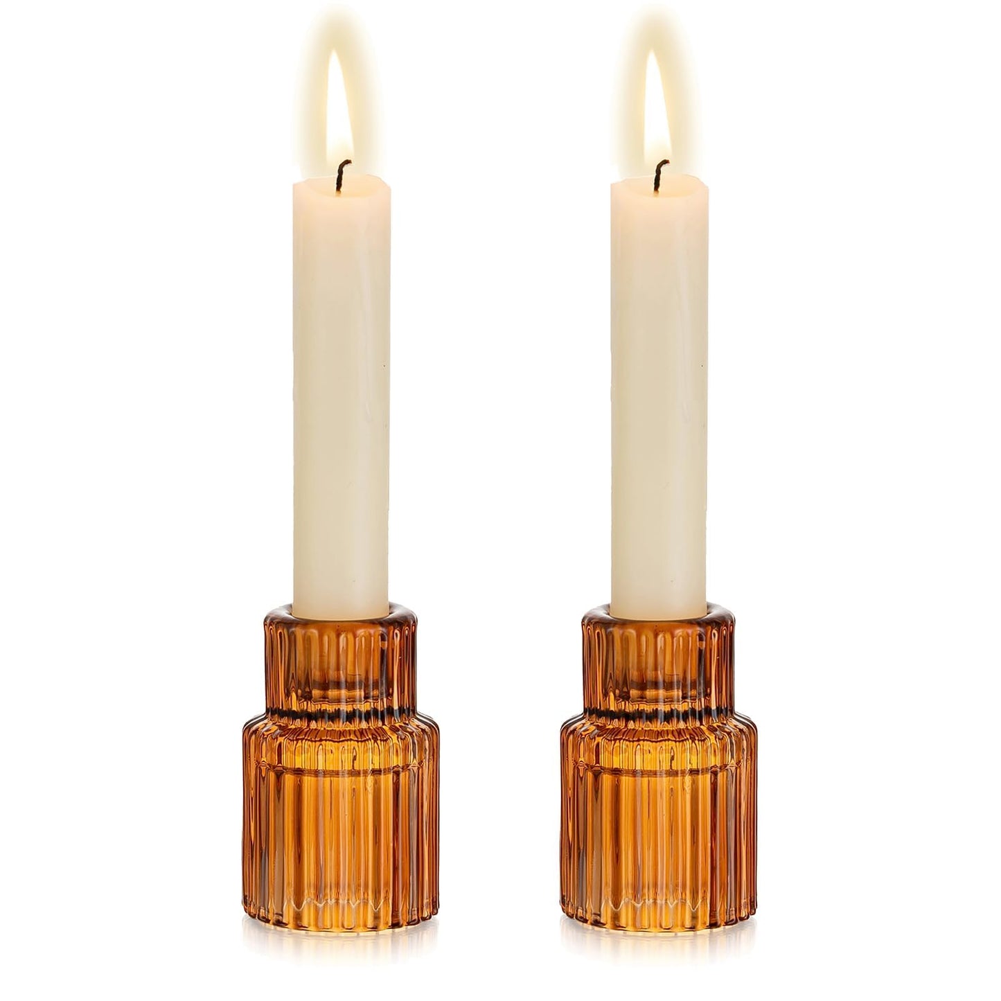 Hewory Glass Taper Candle Holders: 2PCS Amber Elegant Candle Holder Candlestick Holders Bulk, Ribbed Glass Candle Holder Candle Sticks Holder Decor for Table Centerpiece Fall Thanksgiving Home Decor