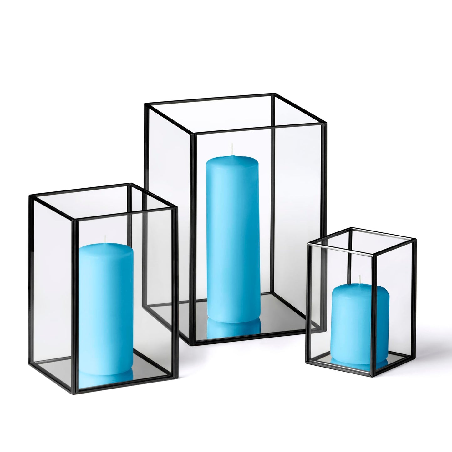 Yummi Set of 36 Slim Pillar Candles & Black Luxus Lanterns - Caribbean Blue