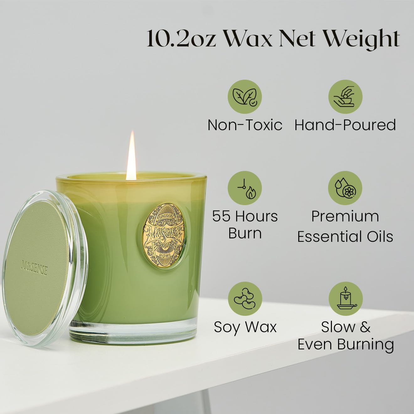 M&SENSE Natural Soy Candle| Eucalyptus Sage Green | 10.2 oz, 55H Burn | Luxury Scented Candle for Relaxation, Gifting, Home Décor |for Bedroom, Office, Party