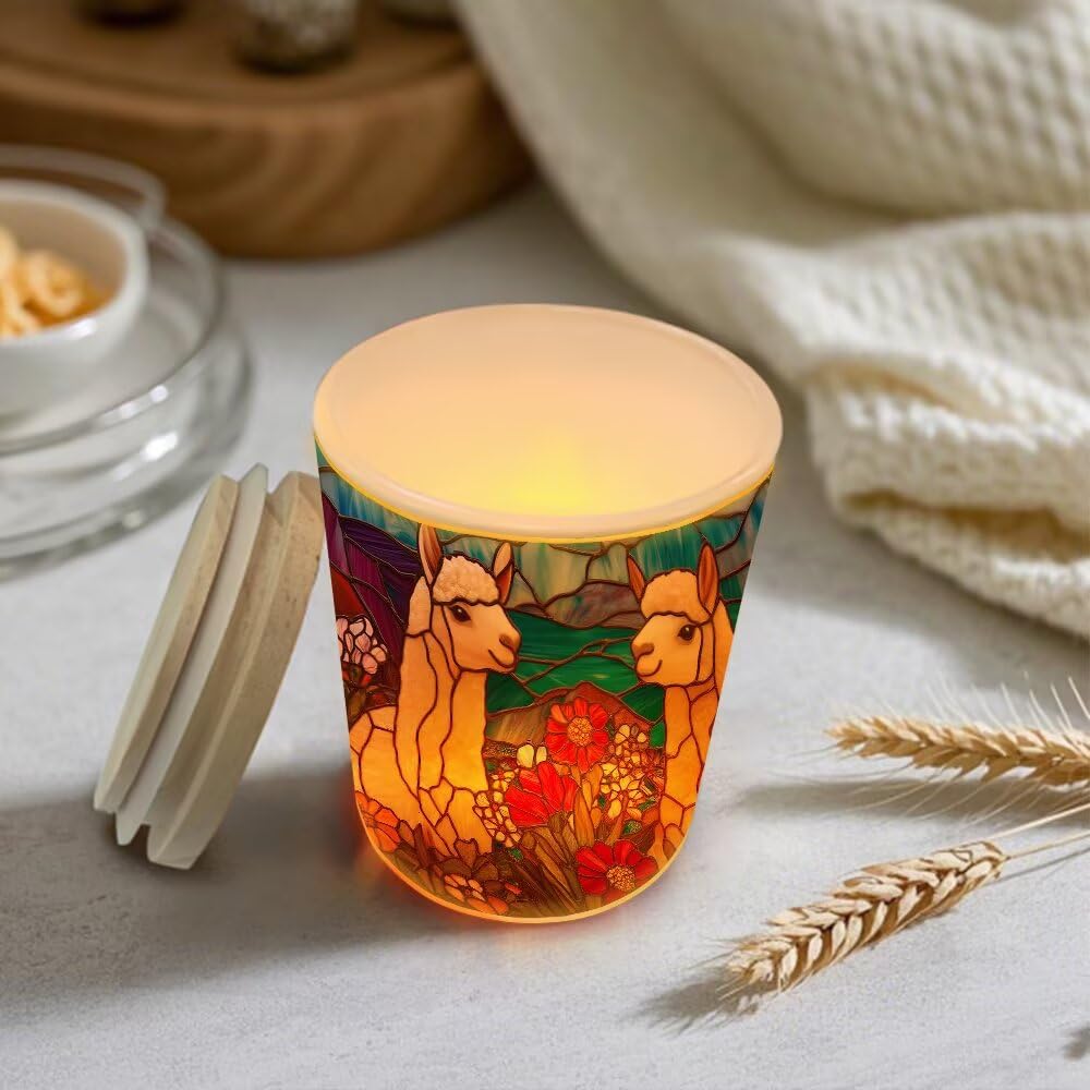 Stained Glass Alpaca Tea Light Candle Holders, Country Wilflowers Tealight Candle Holder Jar with Wooden Lid, Votive Candlesticks for Table Centerpieces, Christmas,Birthday Party,Home Decor