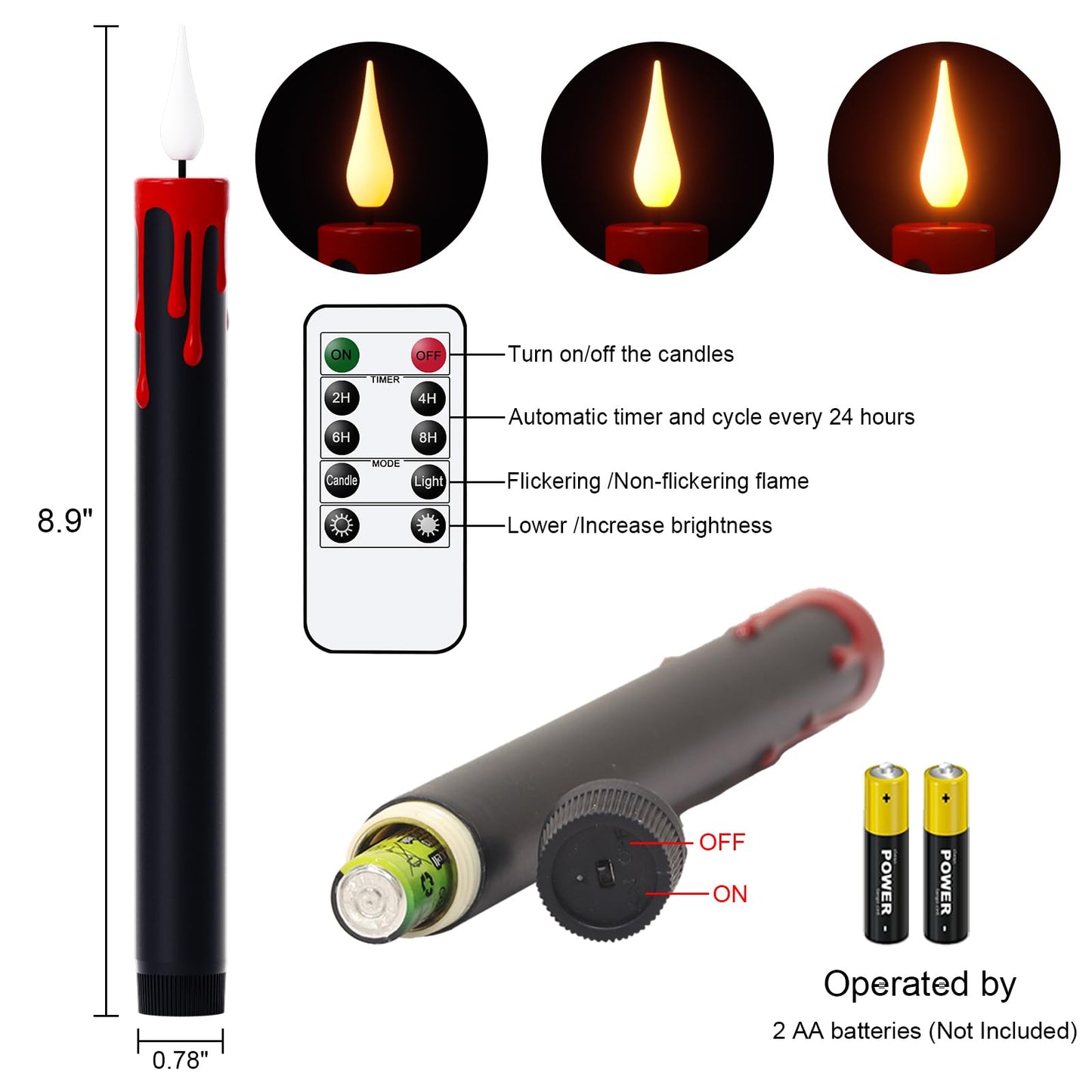 DRomance Black Flameless Taper Candles Flickering with Remote and Timer, Blood Dripping Wax Effect Battery Operated Yellow Light LED Taper Candles Dinner Halloween Spooky Decor(4 Pack, 0.78" x 8.9")