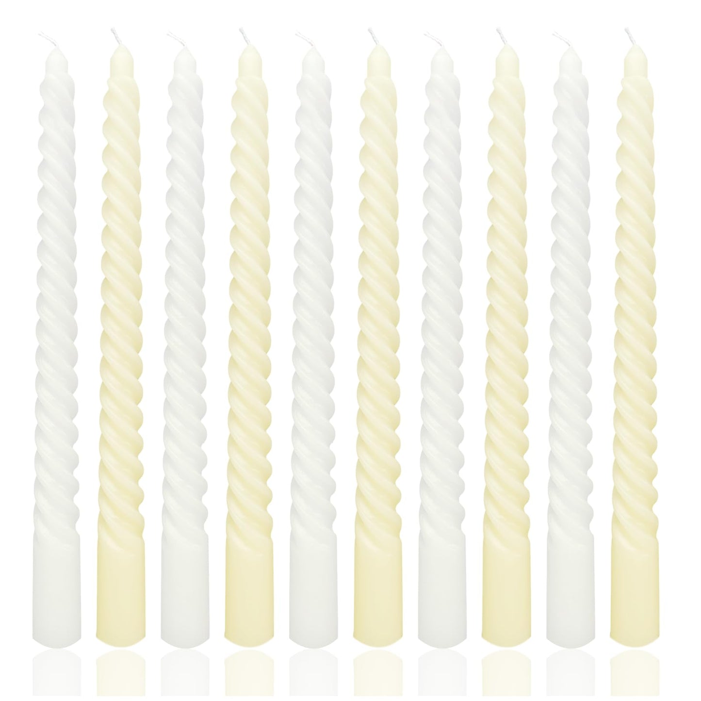 10 Inch White and Pale Yellow Spiral Taper Candle Set, 10 Pack Unscented Dripless Candlesticks for Dinner Baby Shower Party Brithday Wedding and Home Decoration