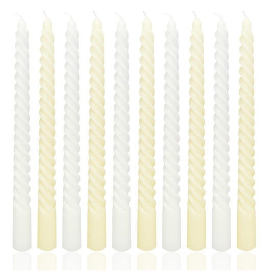10 Inch White and Pale Yellow Spiral Taper Candle Set, 10 Pack Unscented Dripless Candlesticks for Dinner Baby Shower Party Brithday Wedding and Home Decoration