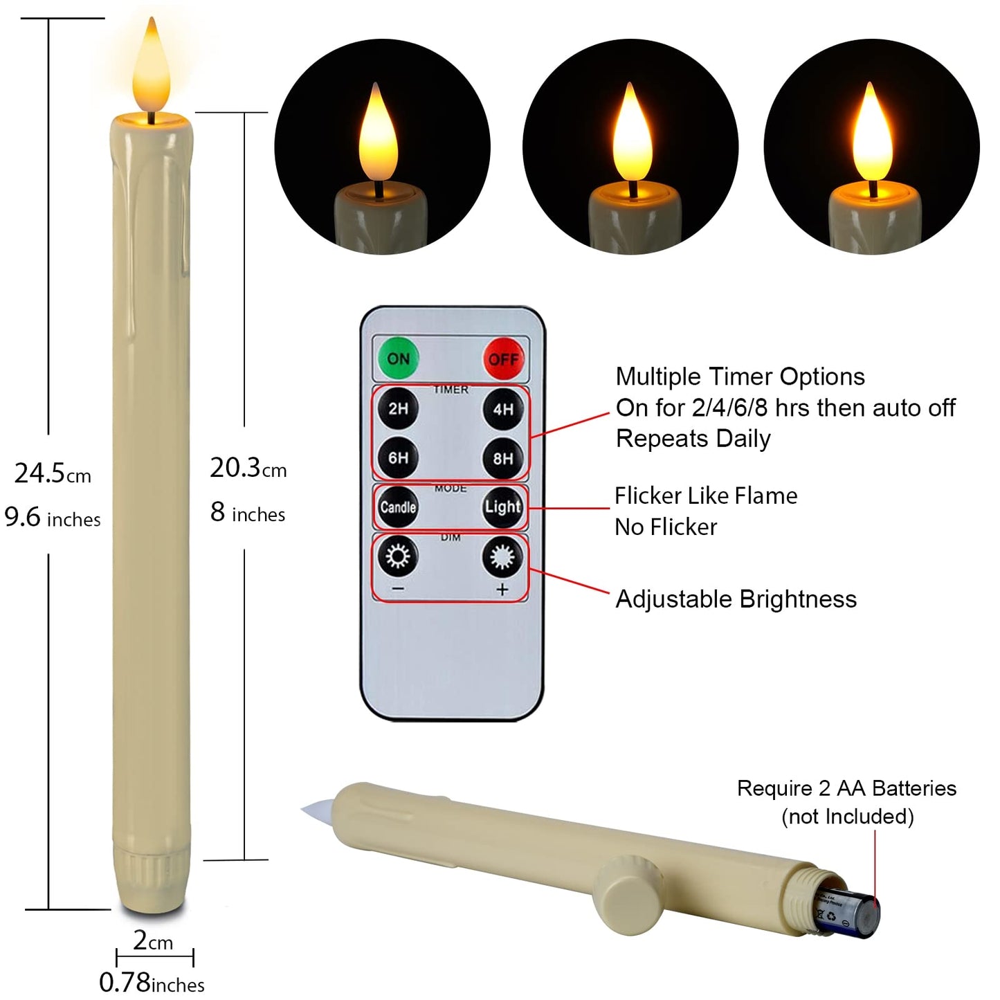 Homemory 3 Pcs Flameless Taper Candles with Remote Timer Dimmer, 9.6" Ivory LED Candlesticks Battery Operated, Plastic Flickering Flameless Candles for Fireplace Wedding Seasonal Indoor Decorations