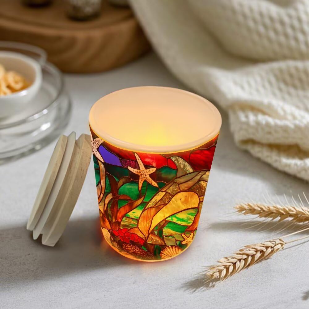 Stained Glass Dolphins Tea Light Candle Holders, Starfishes Tealight Candle Holder Jar with Wooden Lid, Ocean Votive Candlesticks for Table Centerpieces, Christmas,Birthday Party,Home Decor