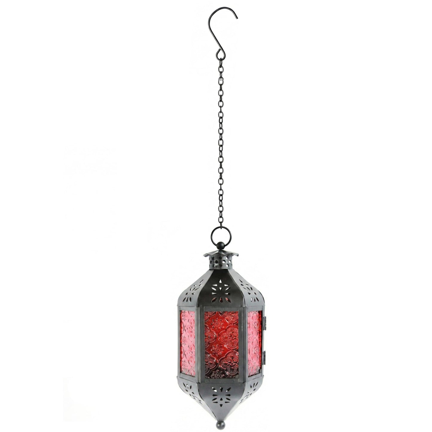 Vela Lanterns Hanging Moroccan Lamp - Exotic Decorative Patio & Porch Decor, Indoor Outdoor Tea Light Candle Lantern Holder with Chain (11" Medium, Red Glass)