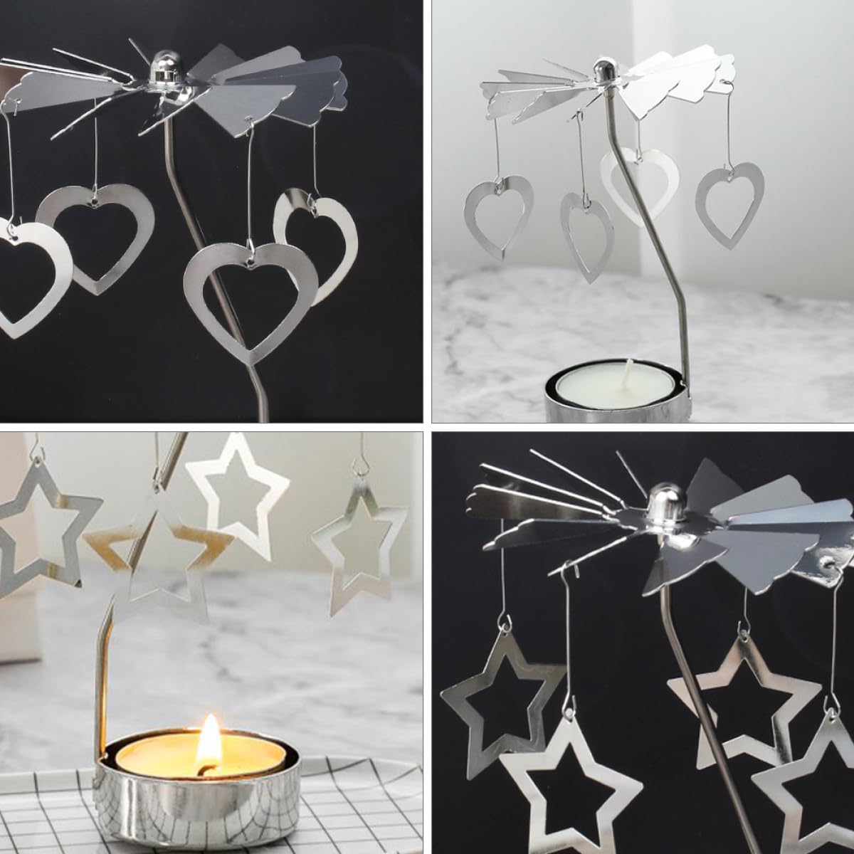 TOYANDONA Rotating Metal Candle Holders 2pcs Romantic Five-Point and Love-Shaped Designs, Desktop Candle Spinner Ornament for Home Decoration and Festival Table Display