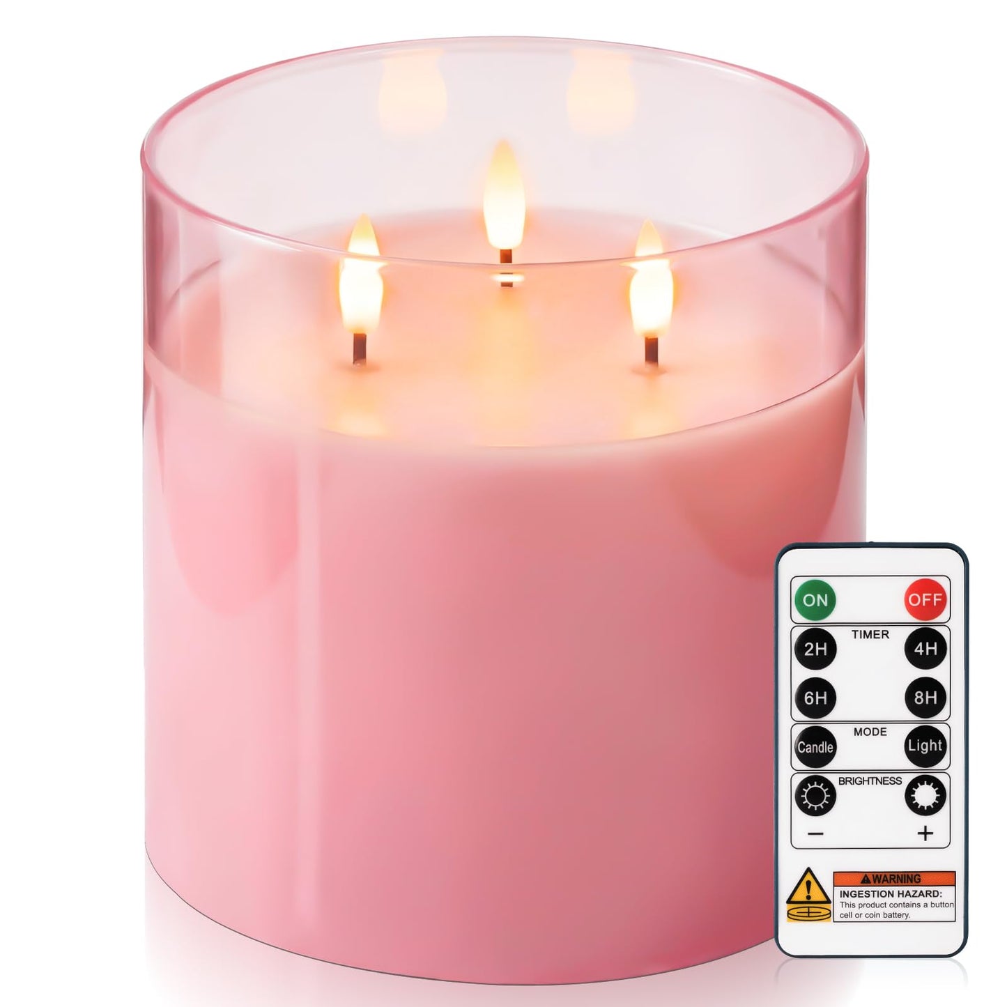 Homemory 6x6 Extra Large Flameless Candle with 3 Wicks, Pink Glass LED Pillar Candle, Real Wax Battery Operated Candle with Remote and Timer, Flickering Flameless Candle Home Wedding Valentine Decor