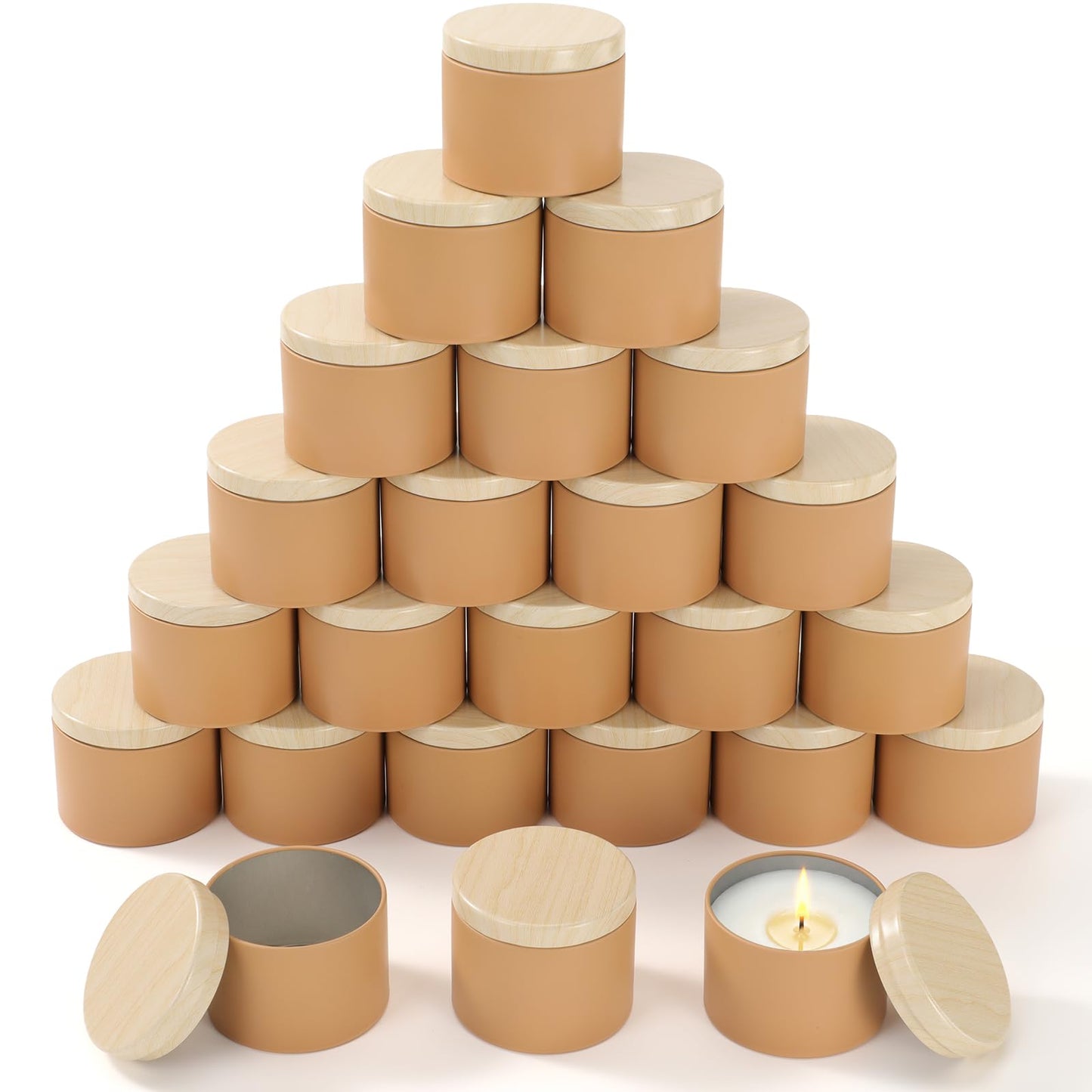 Honeydak 36 Pcs 4oz Brown Candle Jars Bulk Candle Tins Small Empty Containers with Metal Wood Grain Printing Lids for Making DIY Jars Storage Wedding Gifts
