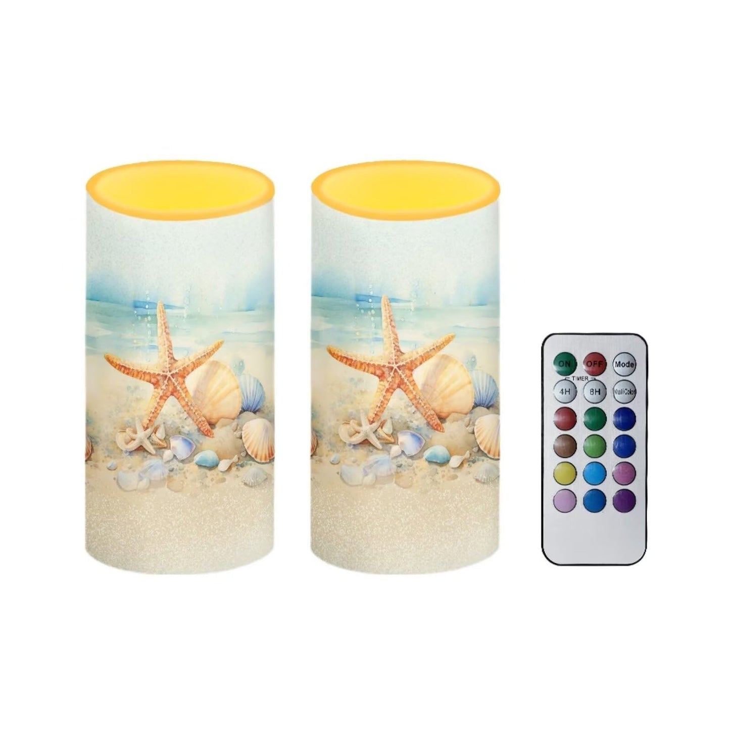 NETILGEN Flameless Candles LED Candles Electric Pillar Candles with Remote Timer Control Long Lasting for Indoor Outdoor Beach Themed Home Decoration Set of 2, Starfish Seashell Painting