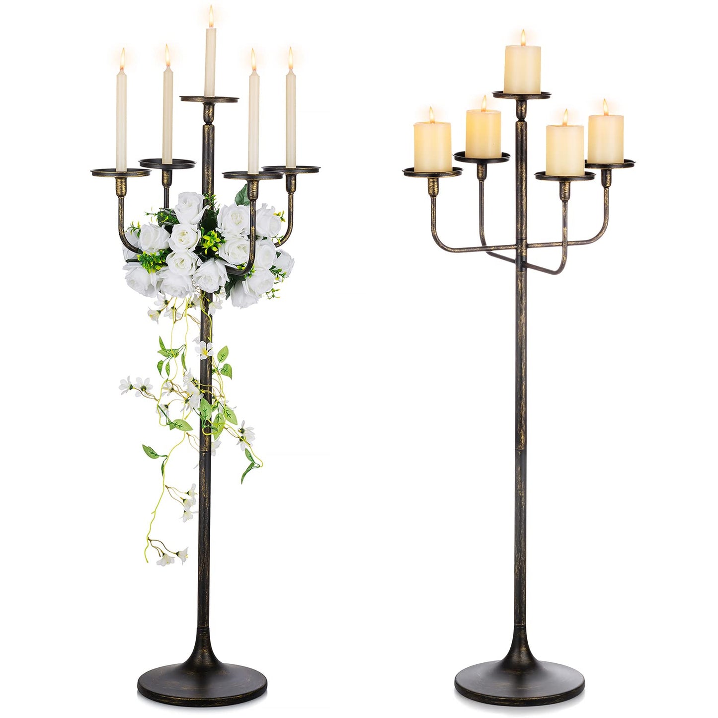 Sziqiqi 48inch Tall Candlestick Holders Floor Candelabra Black 5 Arms Candle Holders for Pillar Candles Flower Centerpiece Gothic Candles Holder for Funeral Ceremony Halloween Decor 2pcs