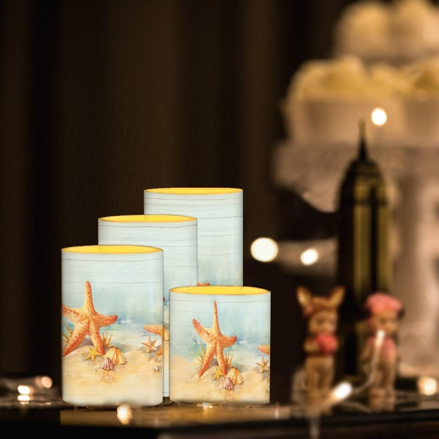Merkmak Starfish Flameless Candles with Remote and Timers Flickering Battery Operated Candles 4 Pack Outdoor Flameless LED Pillar Lights for Beach Wedding Coastal Room Home Decoration