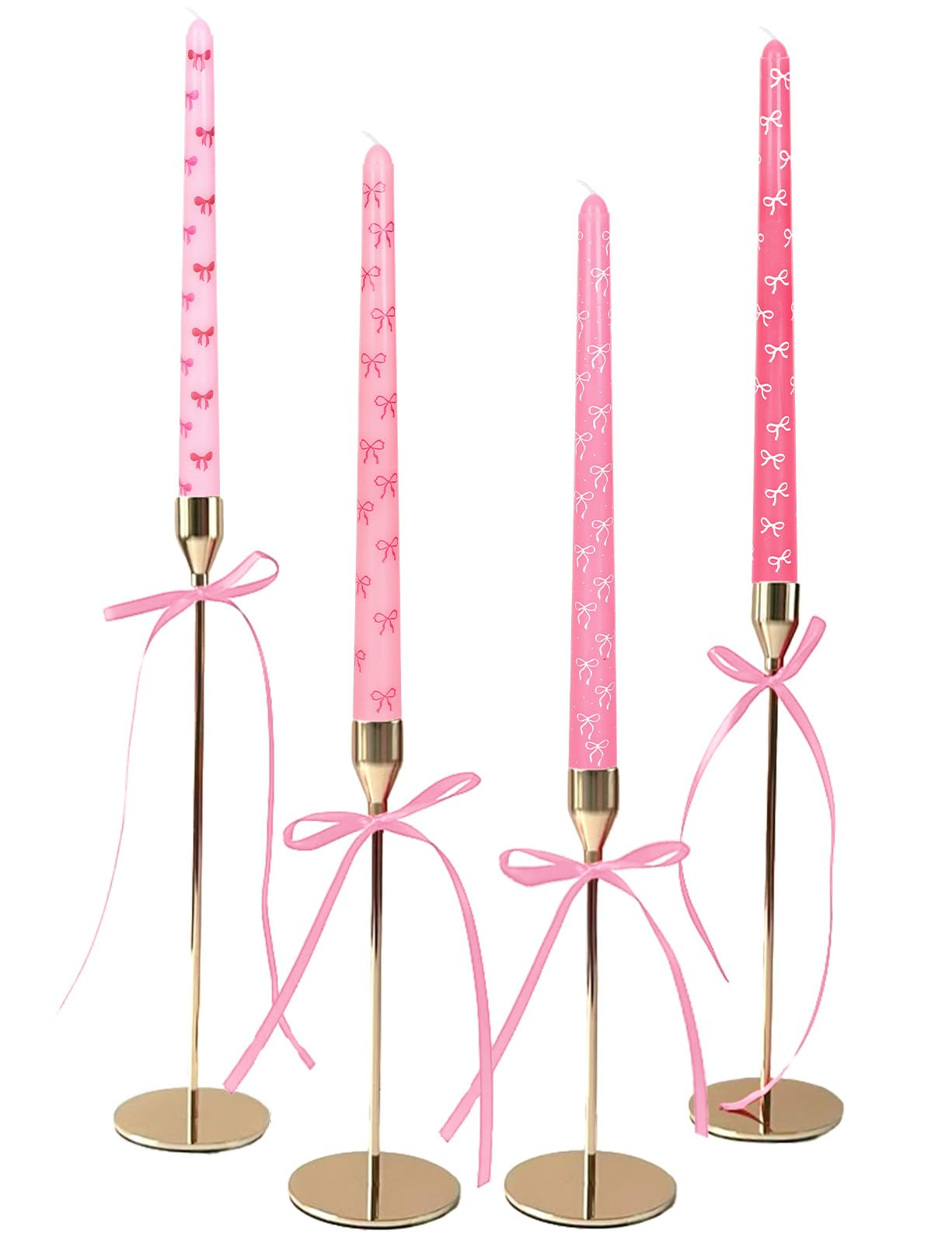 FYSUIMU 8 Pcs 10 Inch Mother's Day Pink Bow Taper Candles Gradient Pink Bowknot Wax Taper Candles Coquette Long Unscented Candle Sticks for Wedding Birthday Baby Shower Bachelorette Party Decor