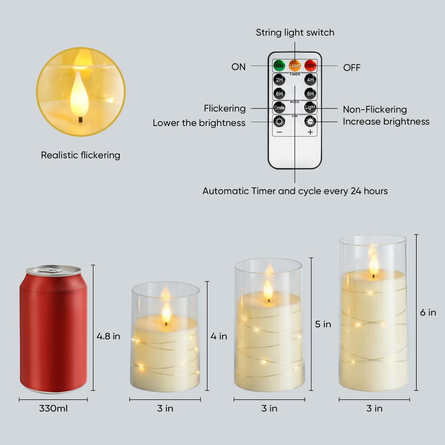Amagic LED Flameless Candles, Battery Operated Candles with Embedded Fairy Lights, Acrylic Fake Candles with Remote and Timer for Wedding Home Decor, Ivory White, Set of 6, D3 x H4 5" 6"