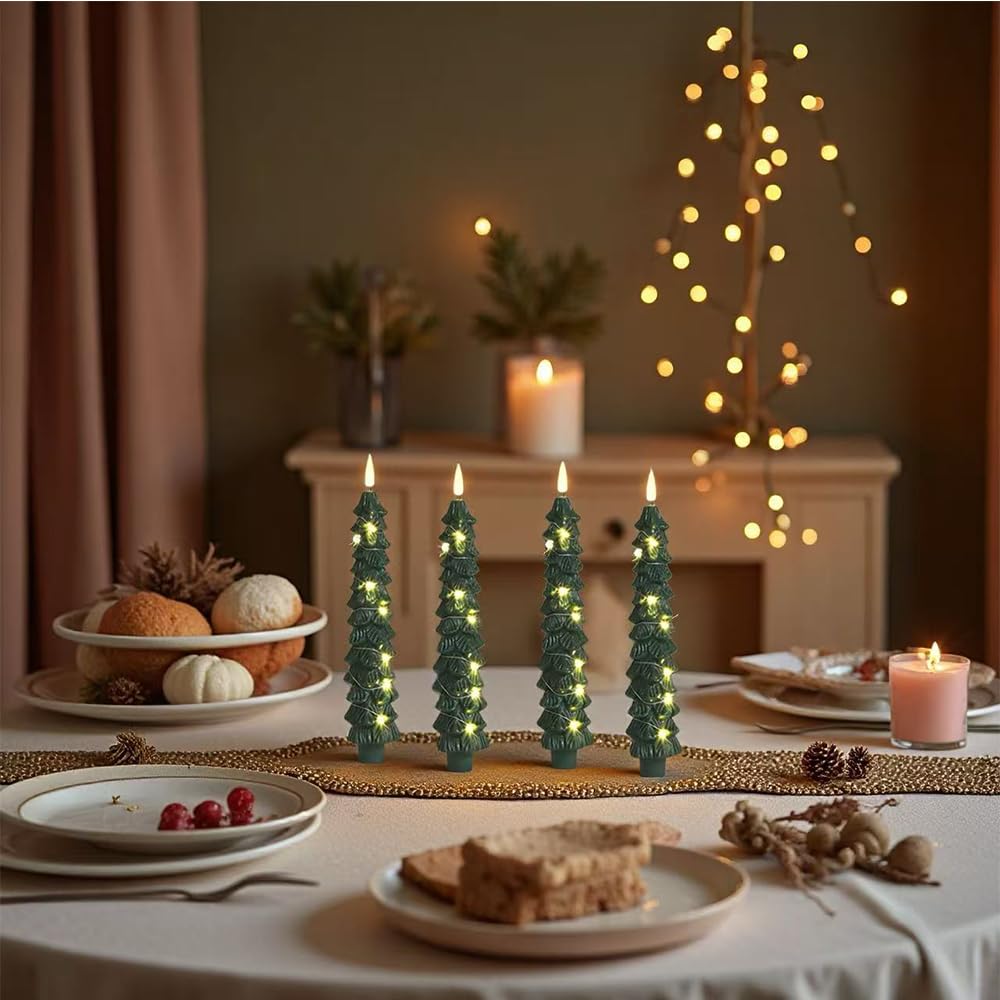 4 Pack Christmas Tree Candles with Remote, 9.4 Inch Plastic flameless Taper Candles with Embedded Star String,LED Battery Operated with 3D Flickering Flame,Window Candle for Christmas Decor
