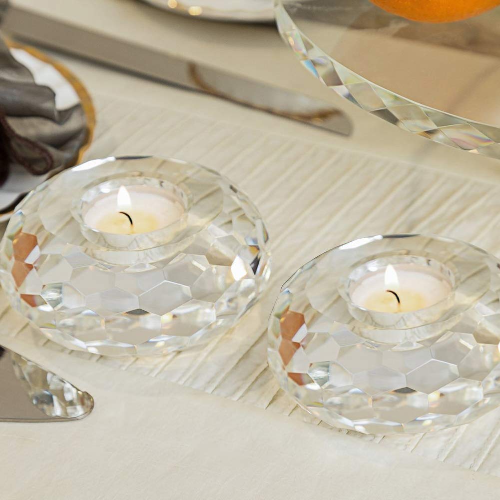 Donoucls Crystal Tealight Candle Holders, Handmade Cut Crystal Candle Holder Banquet Decorations for Home 3.2" Diameter x 1.6" High Set of 2