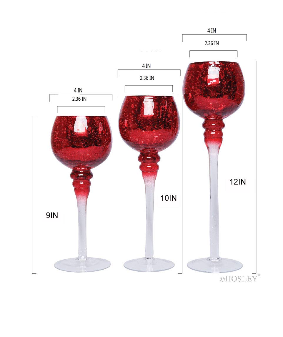 Hosley Set of 3 Crackle Red Glass Tealight Holders - 12 Inch, 10 Inch, 9 Inch Ideal for Weddings Special Events Parties Also Makes a Great Gift