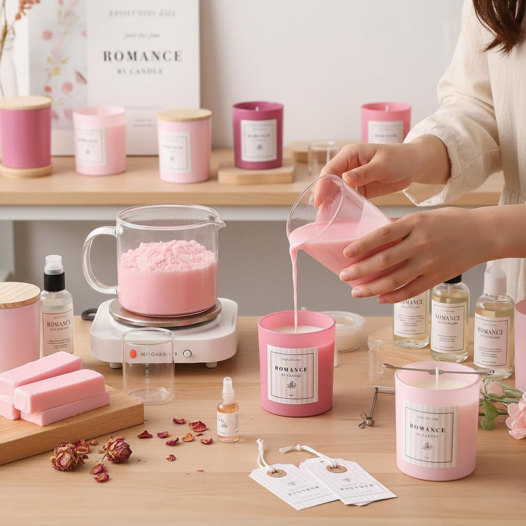 12Pcs Assorted Pink Candle Jars for Making Candles, 10oz Empty Candle Jars with Bamboo Lids and Labels, Glass Candle Jar for Candle Making Supplies, Candle Containers for DIY Gifts