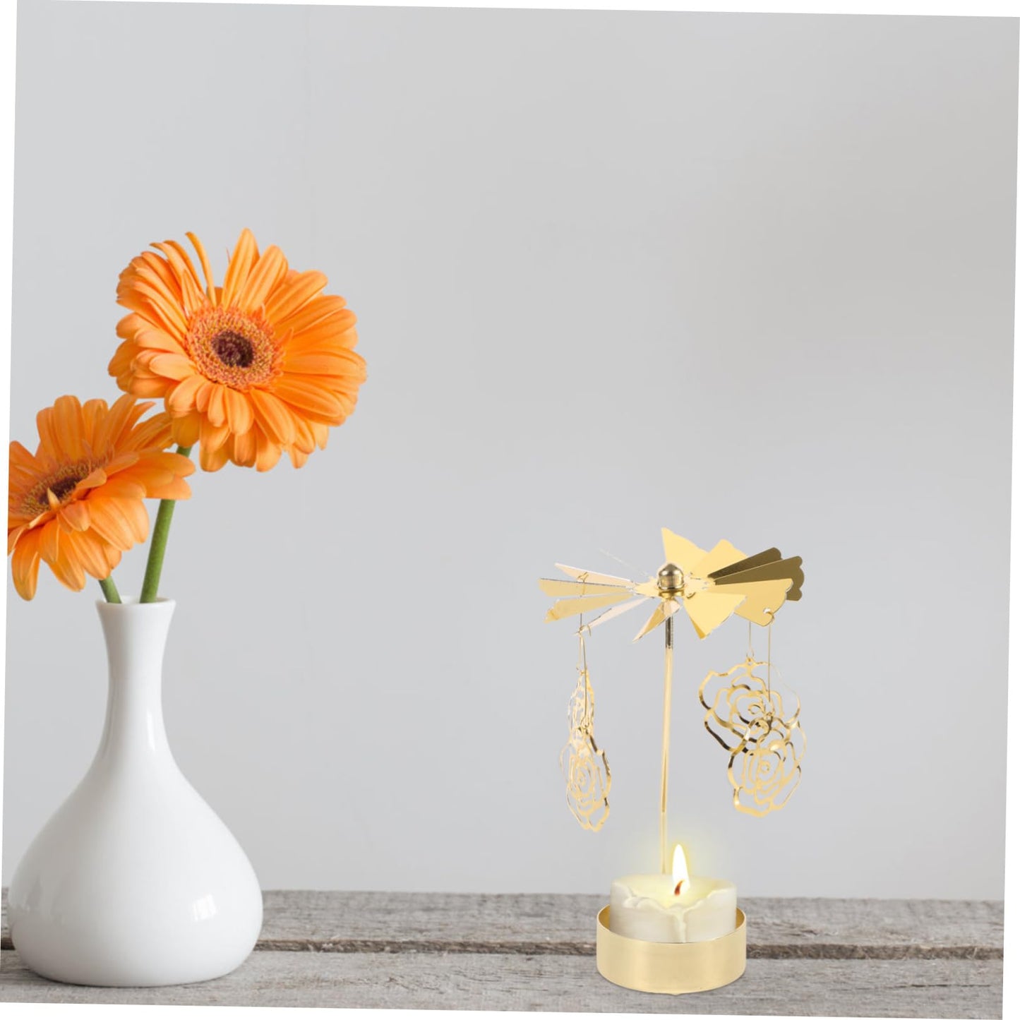 RORPOIR Metal Rotating Carousel Candle Holder Rose Elements Elegant Tealight Stand for Romantic Settings Table Centerpiece for Weddings and Special Occasions