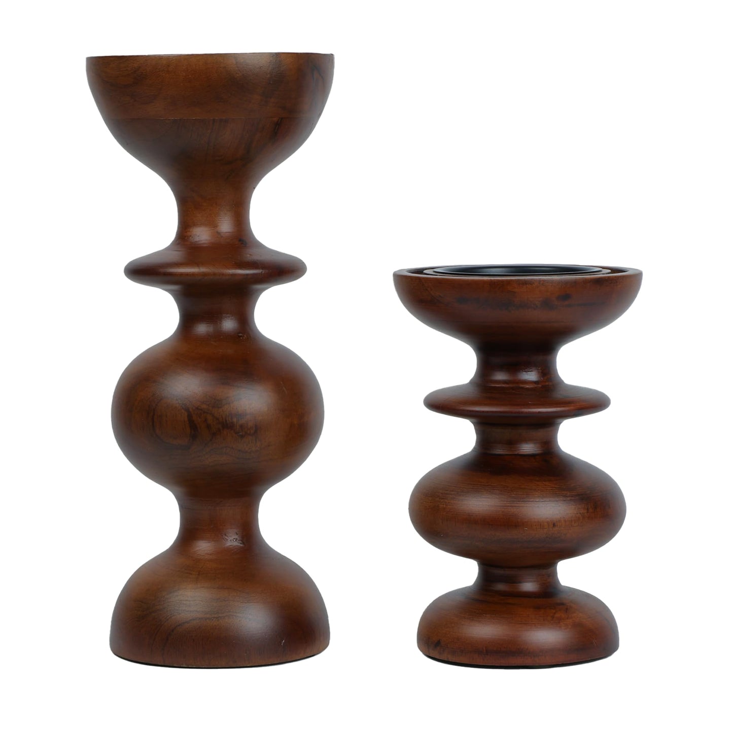 Dreamy Walls Wood Candle Holders, Set of 2 (Two Sizes) - Farmhouse Boho Pillar Candle Stands with Glass Covers, Handmade Wood Table Centerpiece Decor