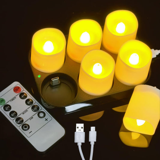 6 Pack Rechargeable tea lights with Remote Timer & Charging Base, Realistic Flickering Flameless Votive Led Tea Lights Candles, Tealights Candles for Wedding,Halloween,Christmas,Home Decorations