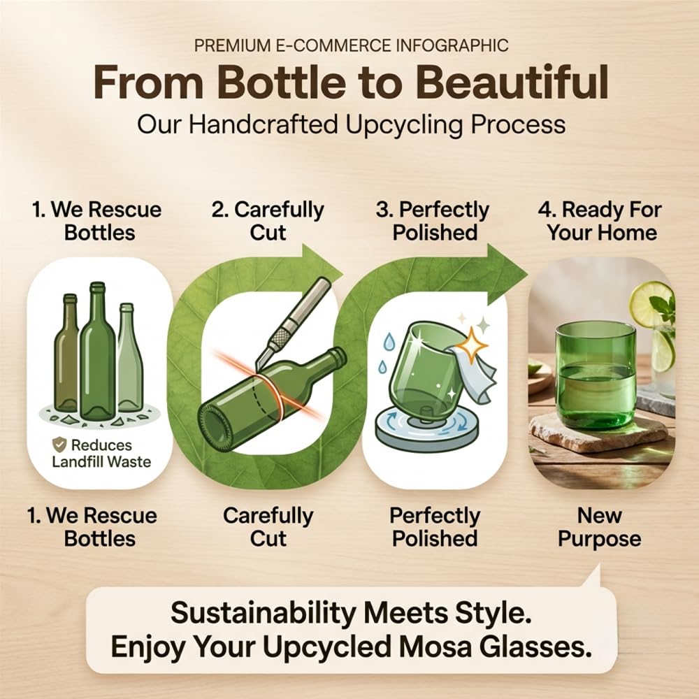 Mosa Wine Bottle Drinking Glasses (230ml, 7.7oz, Set of 2) – Upcycled Stemless Glassware for Wine, Cocktails & Everyday Use | Eco-Friendly Sustainable Drinking Glasses (Green)