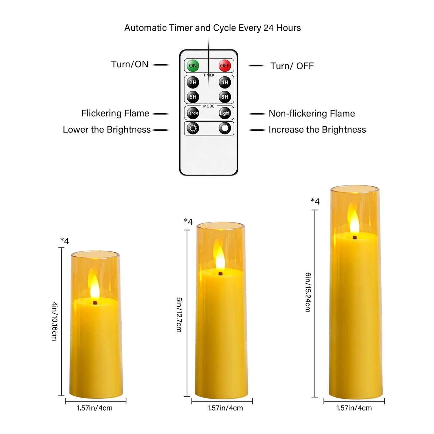 Nimiko Small Flickering Flameless Candles - Battery Operated LED Fake Candles, Pack of 12 (D1.57 x H4 5" 6") for Holiday Decor, Home, Weddings (Gold)