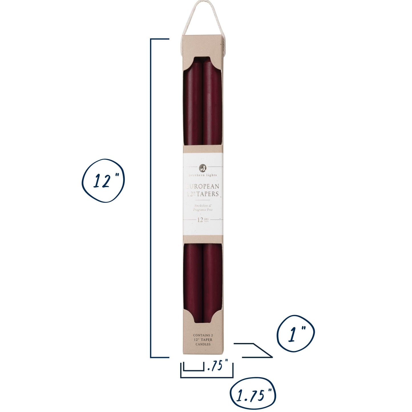 Northern Lights Candles - 12" 2PK Premium Tapers, Bordeaux - 72884