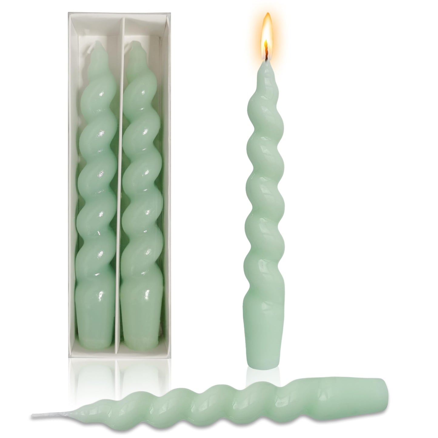 Spiral Taper Candles Set of 2 – 7.5 Inch Candle Stick, Light Green Handmade Twisted Candles Unscented Tapered Candles for Wedding Dinner Home Decor Gift