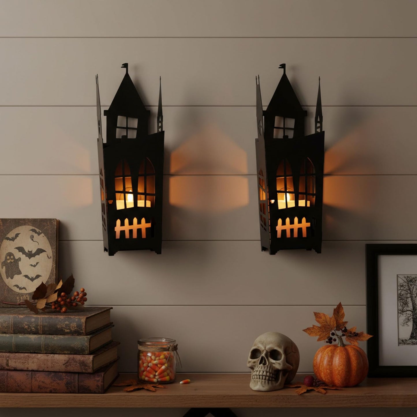 AIM & GGKK Gothic Castle Wall Sconce Candle Holder - Set of 2 Black Metal Haunted House Candle Sconces for Halloween Spooky Decor
