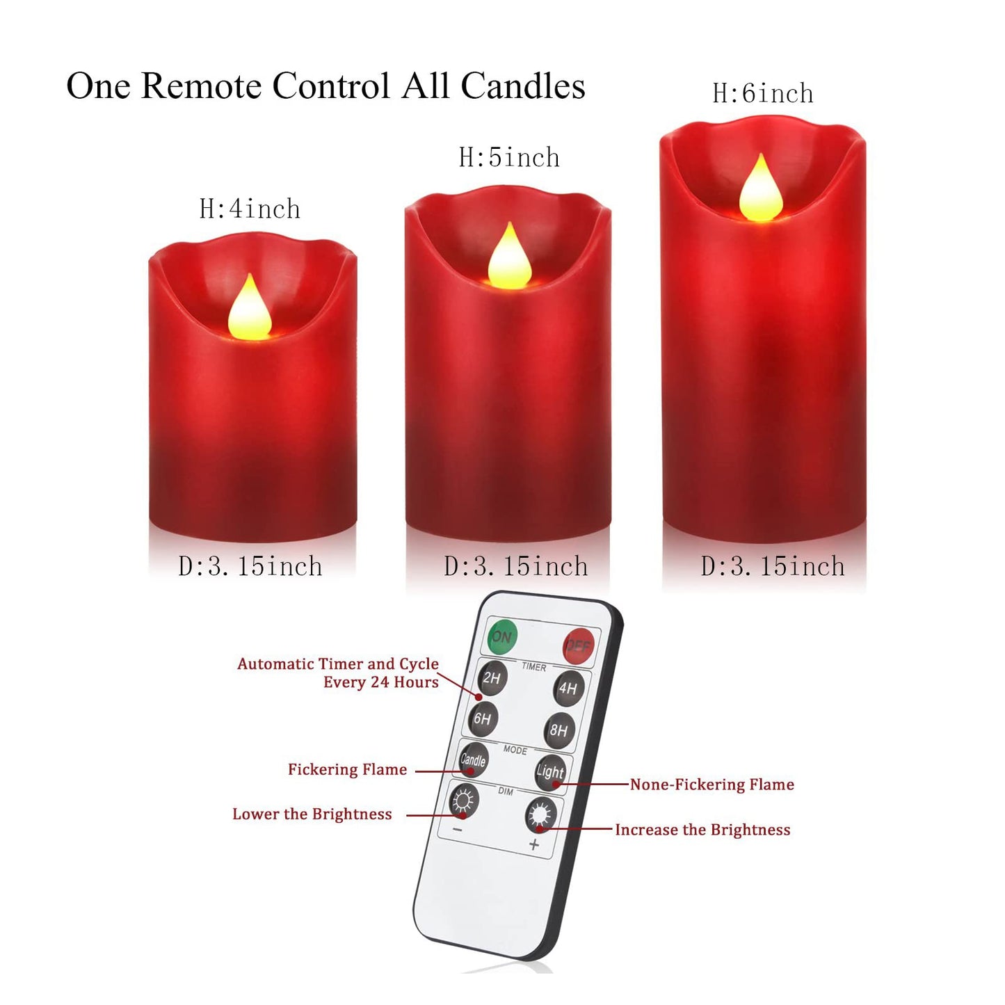 YIWER Flameless Candles Set of 3, Φ3.15 xH 4"/5"/6" Real Wax Not Plastic Pillars Include Realistic Dancing LED Flames and 10-Key Remote Control with 2/4/6/8-hours Timer Function,300+ Hours (3×1, Red)