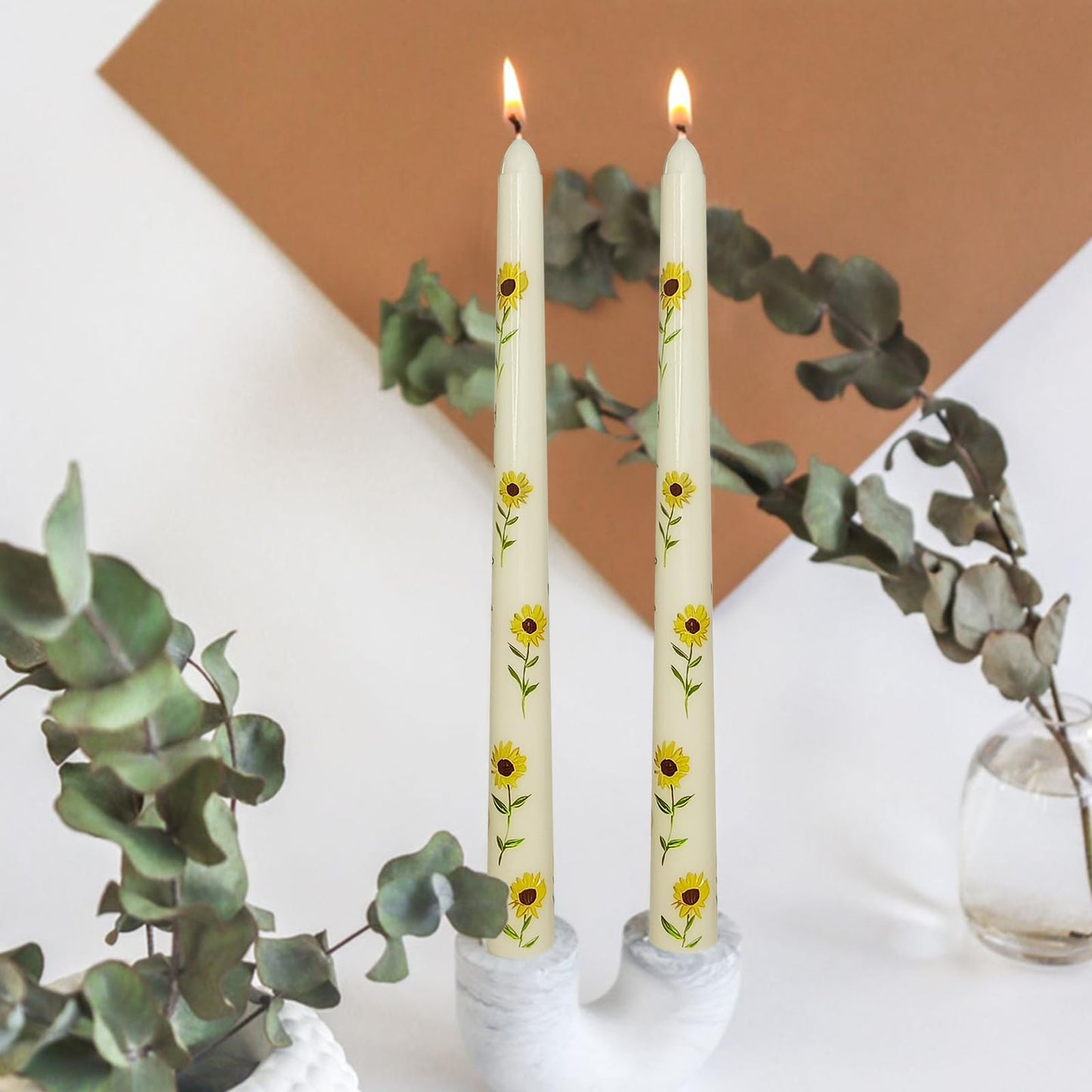 Floral Taper Candles 10 Inch Tall Unscented Handmade Beige Sunflower Print Candles Long Burning Elegant Candlesticks for Wedding Dinner Home Decor