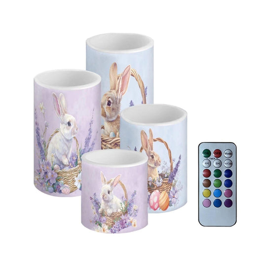 NETILGEN Easter Day Decor Flameless Electric Candles Pillar Candle Vintage Floral Rabbits Print Easter Day Flameless Candles with Remote Timer Control for Home Decoration, 4 Pcs