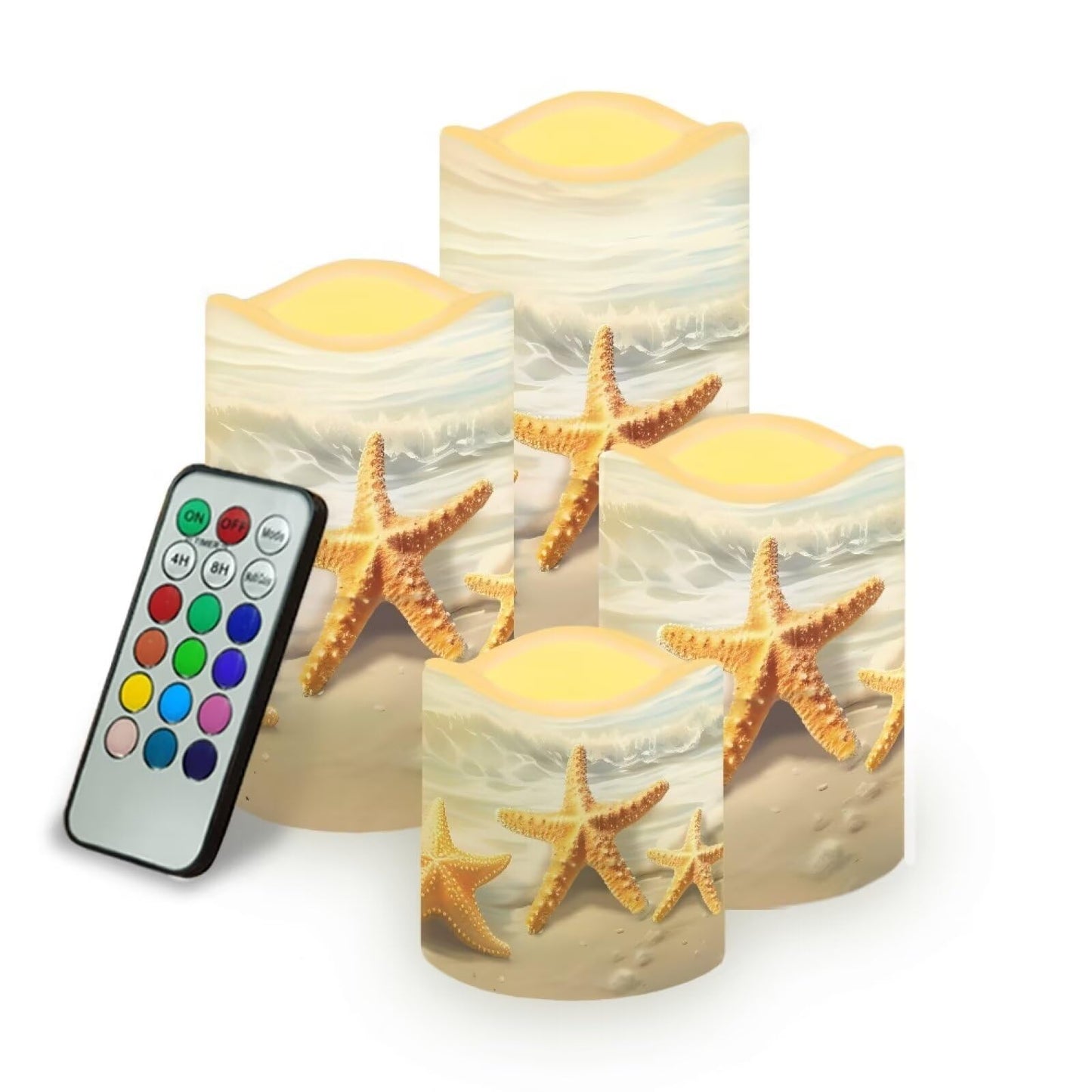 Uorisanigo Starfish Beach Flameless Candles with Remote Flickering Led Candles with Timer Set of 4 Electric Pillar Candles Battery Operated Fake Candles for Kitchen Room Home Decor