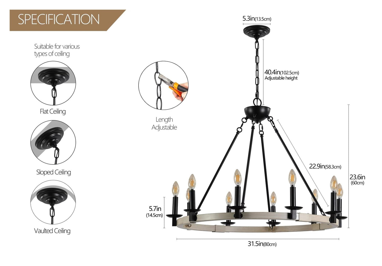 Rustic Farmhouse 10-Light Candle Chandelier, Black Metal and Wood Round Hanging Light Fixture, Adjustable Height,Comfortable Lighting